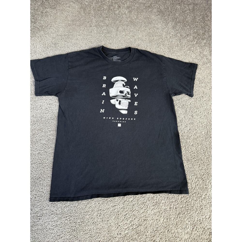 CHOMP Shirt Mens L Black Brain Waves Skull Graphic Crew Neck Cotton Tagless